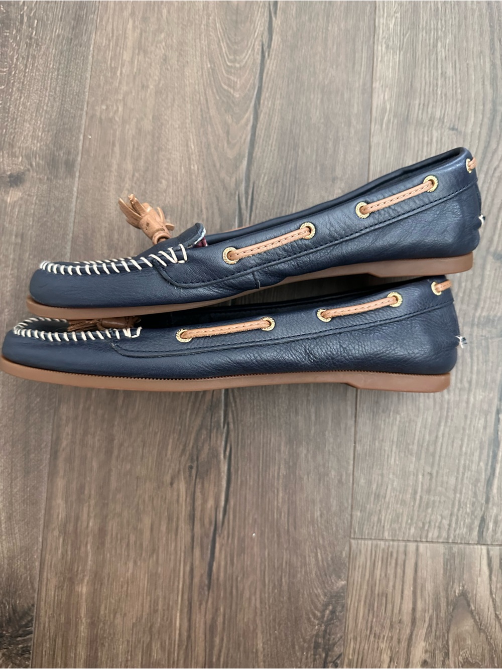 Sperry Navy Leather Tassel Moccasins with Tan Accents - Picture 4 of 8